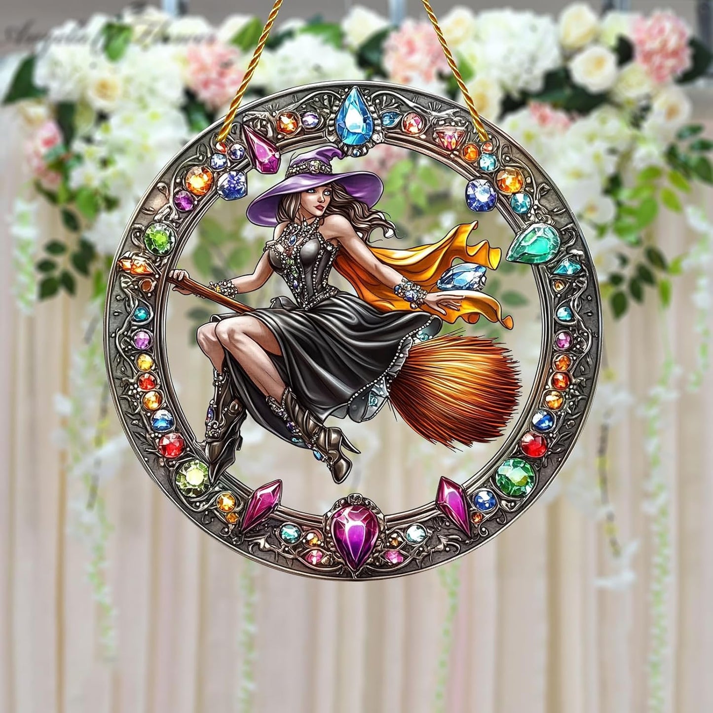 8x8 inch Charming The Witch Rides A Broom Acrylic Stained Glass Window Hanging Sun Catcher Decor Stained Panel Hangings Wall Art Decor, for Friends and Family (Witch Broom)