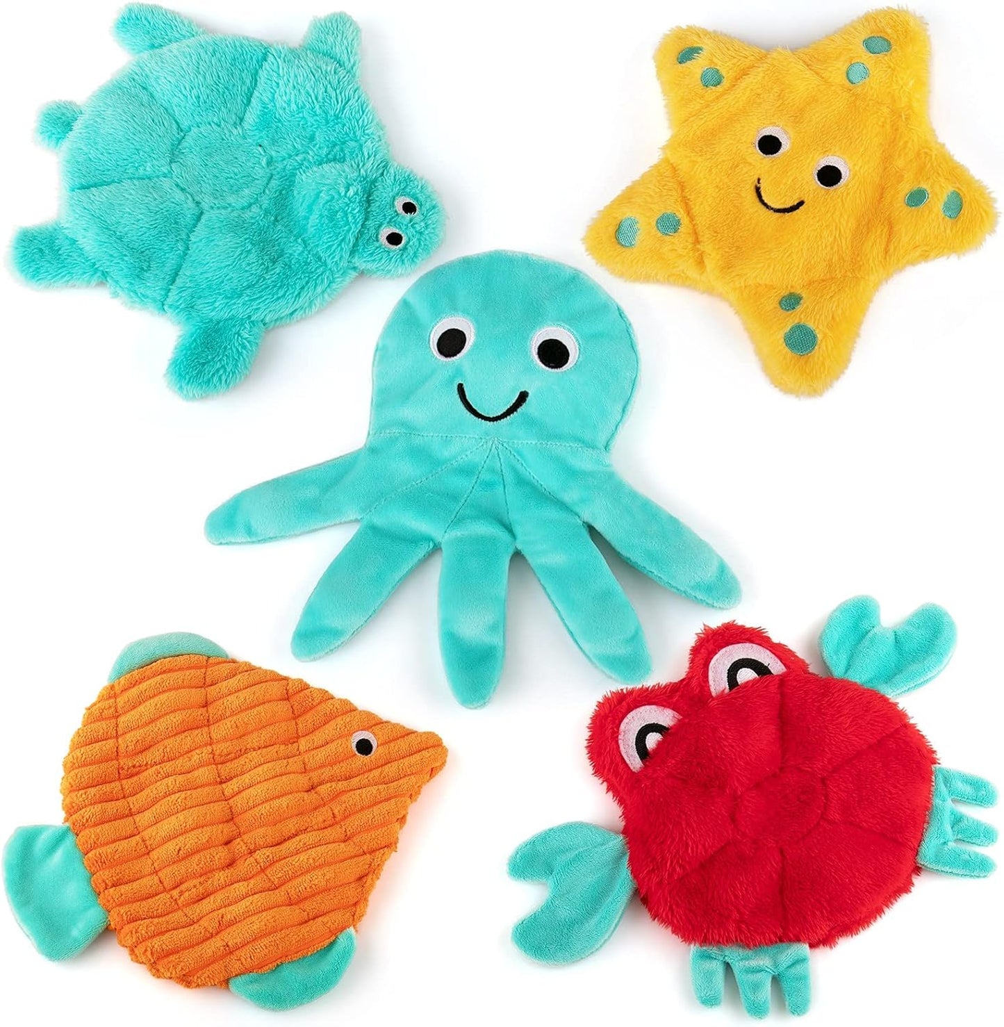 AWOOF No Stuffing Crinkle Squeaky Plush Dog Toys - Cute Animal Themed for Small to Large Dogs & Puppies - Bulk 5 Pack