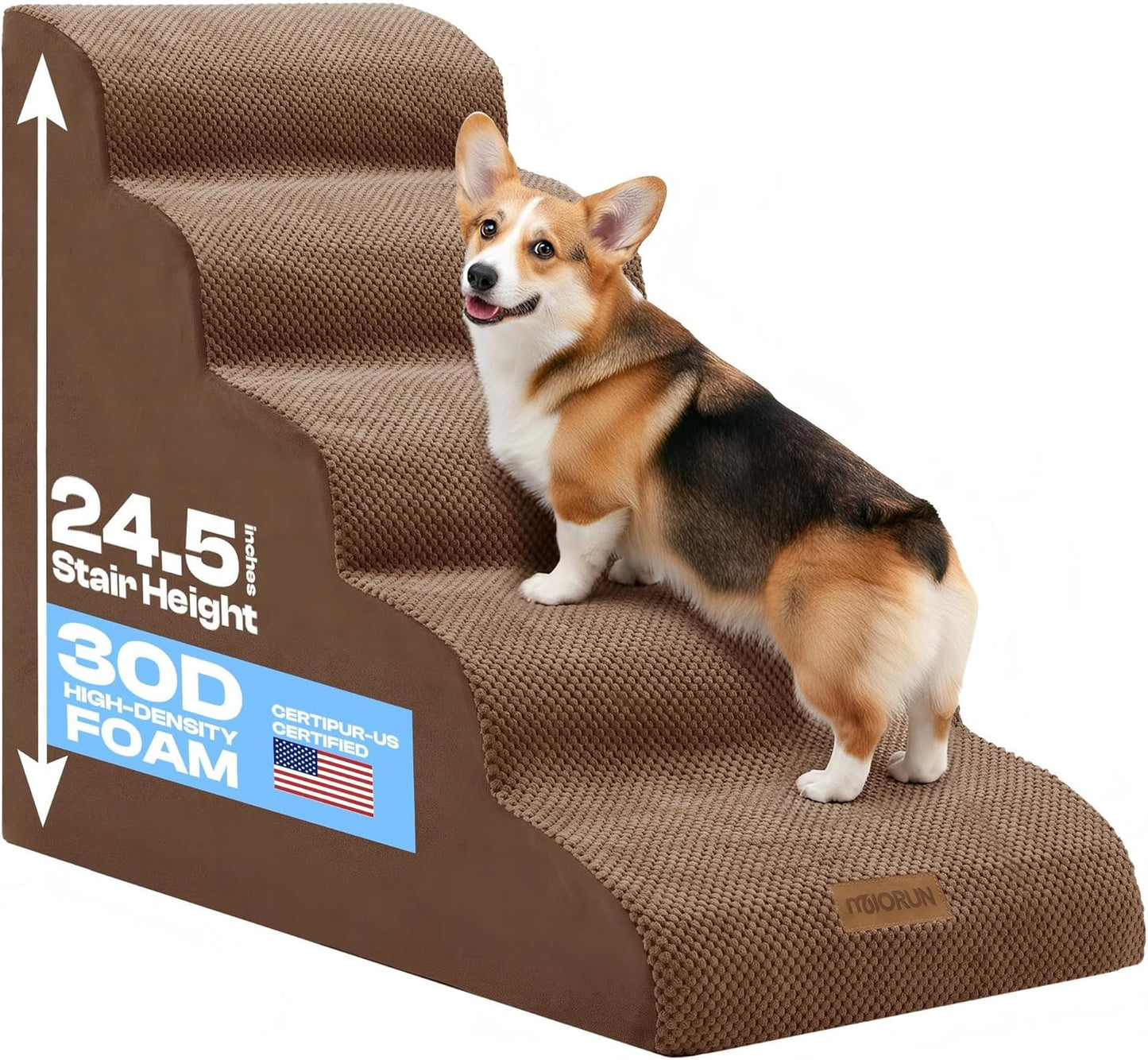 Dog Stairs for High Beds Up to 26-30", 5-Step Foam Pet Ramp with Washable Cover, Gentle Slope Steps, Bed & Couch Ladder for Small Medium Dogs & Senior Cat, Puppy Stairs to Get on Tall Furniture