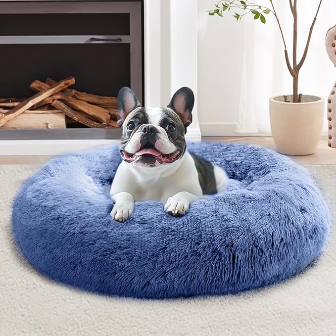 JOLLYVOGUE Calming Dog & Cat Bed for Large Dogs, Anti-Anxiety Donut Cuddler Cozy Soft Round Bed with Anti-Slip Bottom, Fluffy Faux Fur Plush Cushion Beds for Medium Dogs (36")