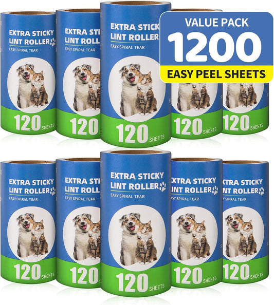 Extra Sticky Lint Roller Refills 10 Pack (1200 Sheets) fit 3.8"-4" Standard Size Lint Roller Sticker with Inner Diameter at 1.5" for Pet Hair, Clothes, Furniture, Cars, No Handle Included
