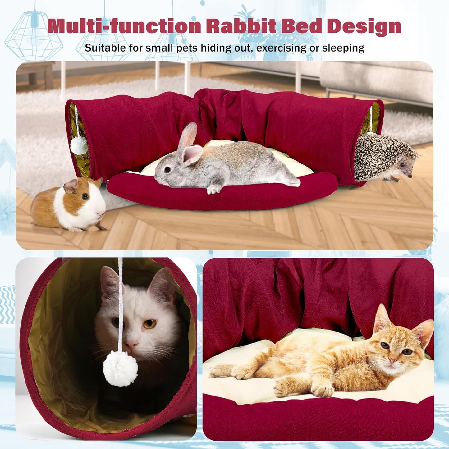 BWOGUE Bunny Tunnel Bed, 2-in-1 Collapsible Tunnel Tubes Toys with Removable Mat Hideout for Cats Kittens Rabbits Guinea Pigs Kitty
