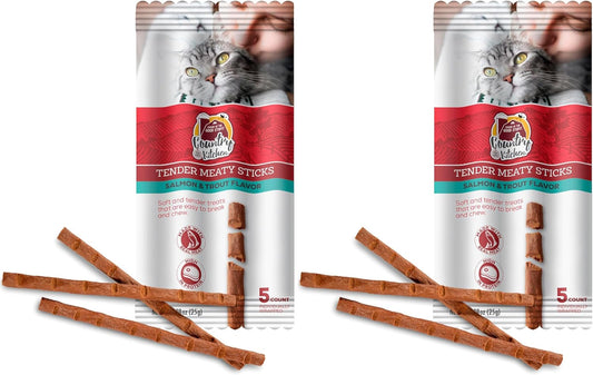 Country Kitchen Salmon & Trout Tender Meaty Sticks Cat Treats, High in Protein, Easy to Break and Chew, 0.88 Oz, 5 Count (Pack of 2)