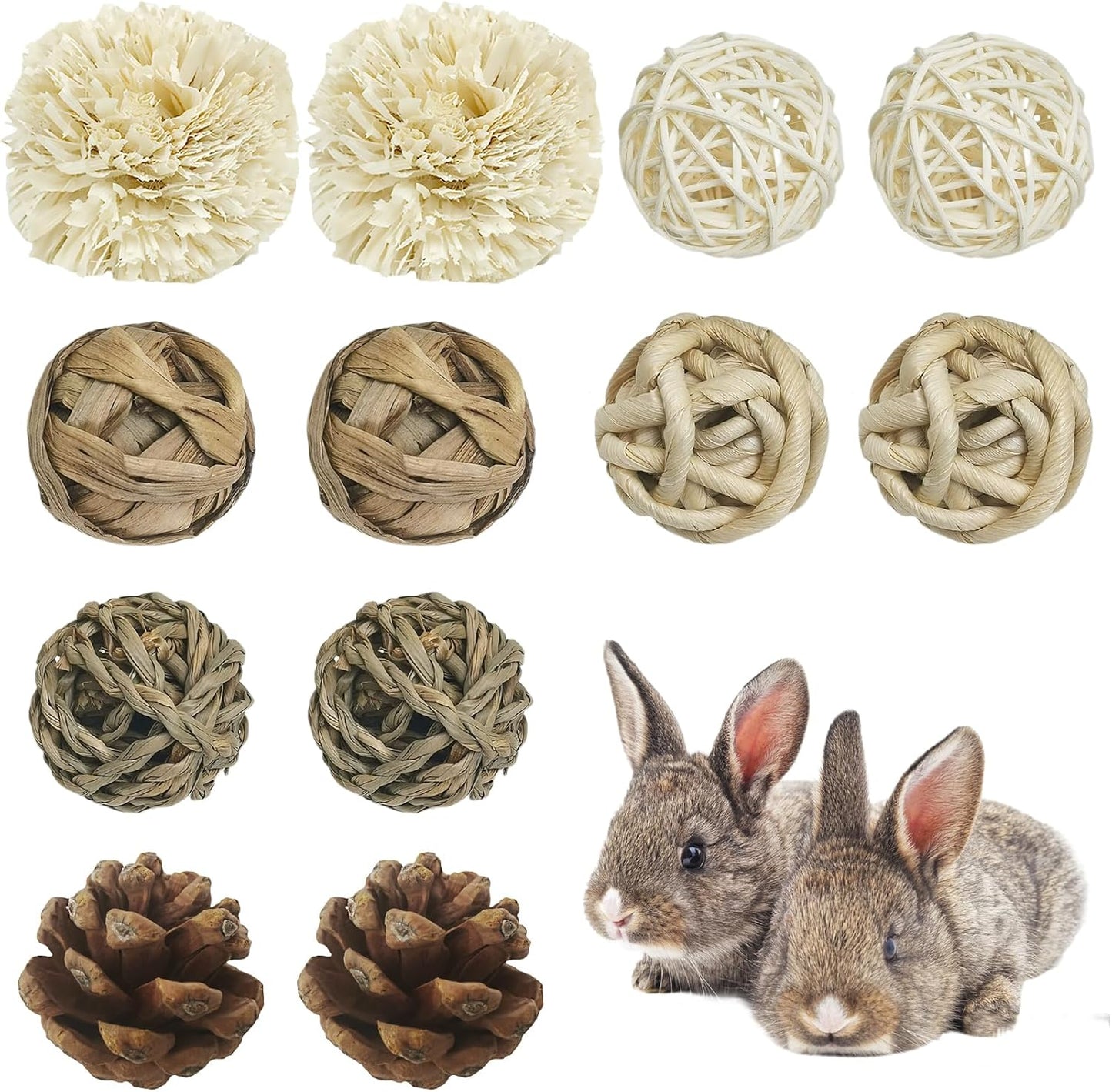 kathson 12 Pack Natural Bunny Chew Balls Small Animal Activity Toys Rabbit Play Ball Rolling Toy Gnawing Treats Timothy Grass Balls for Guinea Pigs Chinchilla Pet Cage Entertainment