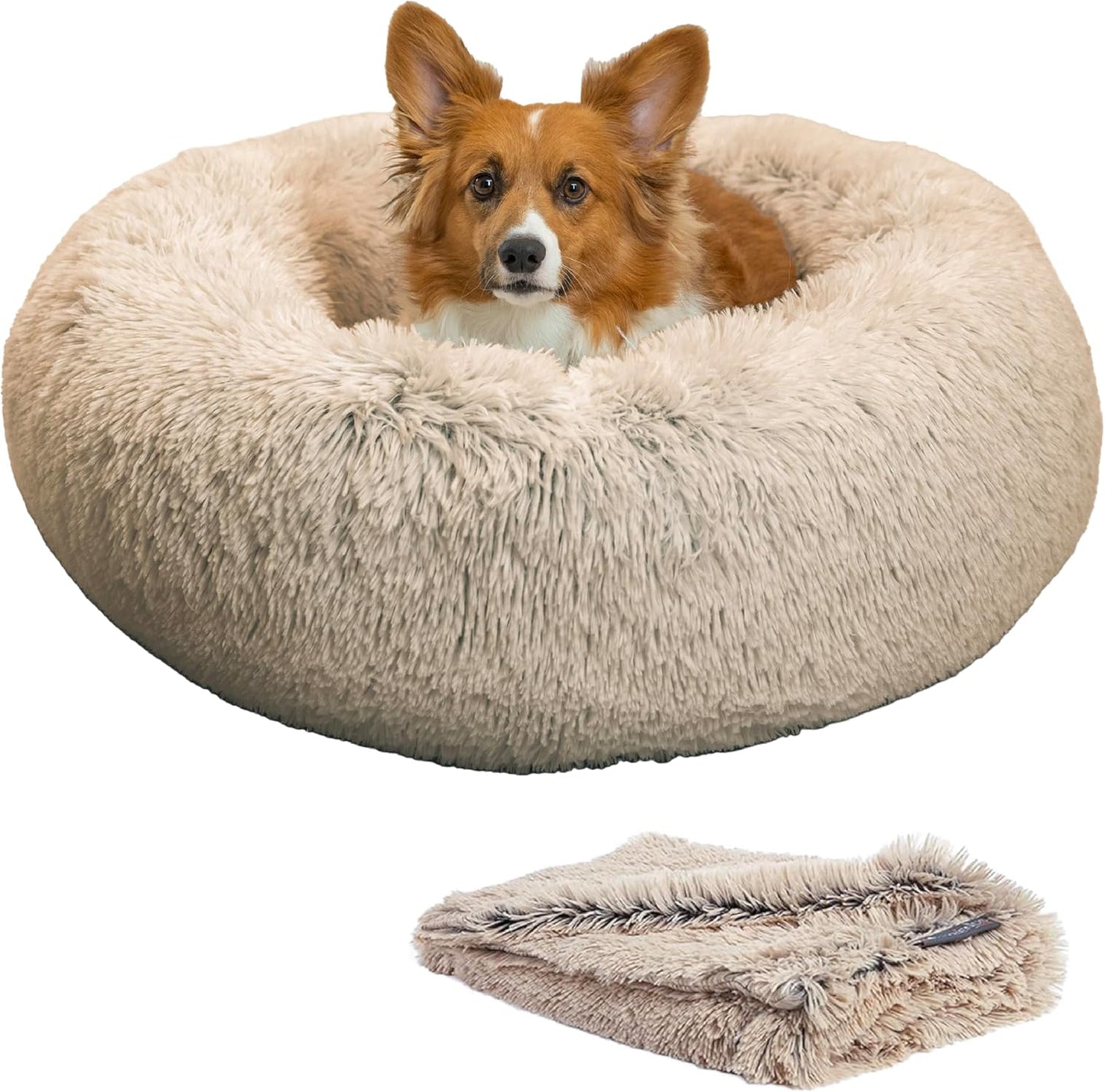 Best Friends by Sheri Bundle Set The Original Calming Shag Donut Cuddler Cat and Dog Bed + Pet Throw Blanket, Taupe, Medium 30x30