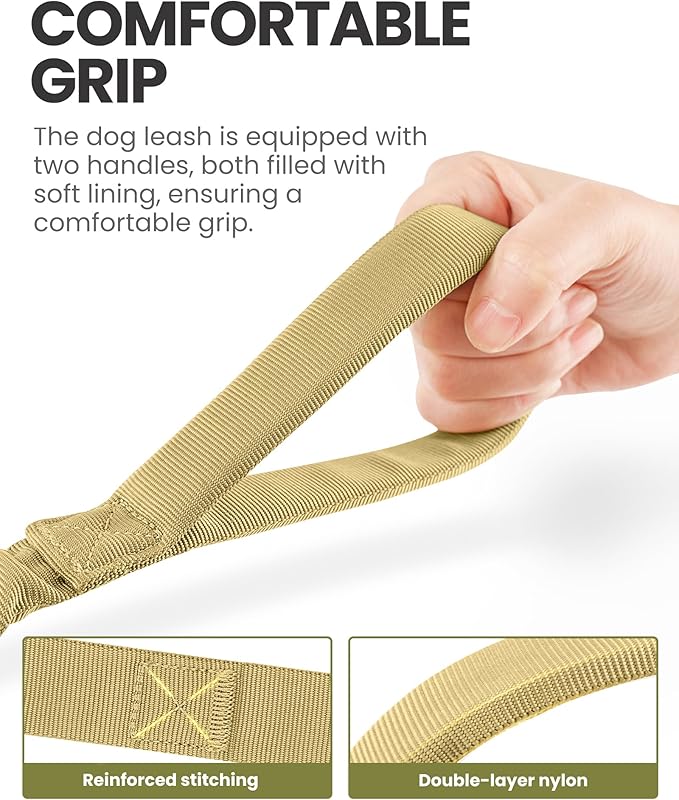 OutdoorMaster Bungee Dog Leash, Heavy Duty Dog Leash with Shock Absorption, 2 Padded Handles Training Leash, 1 Seat Belt Clip, Improved Dog Safety and Comfort -(Khaki, 6 FT)