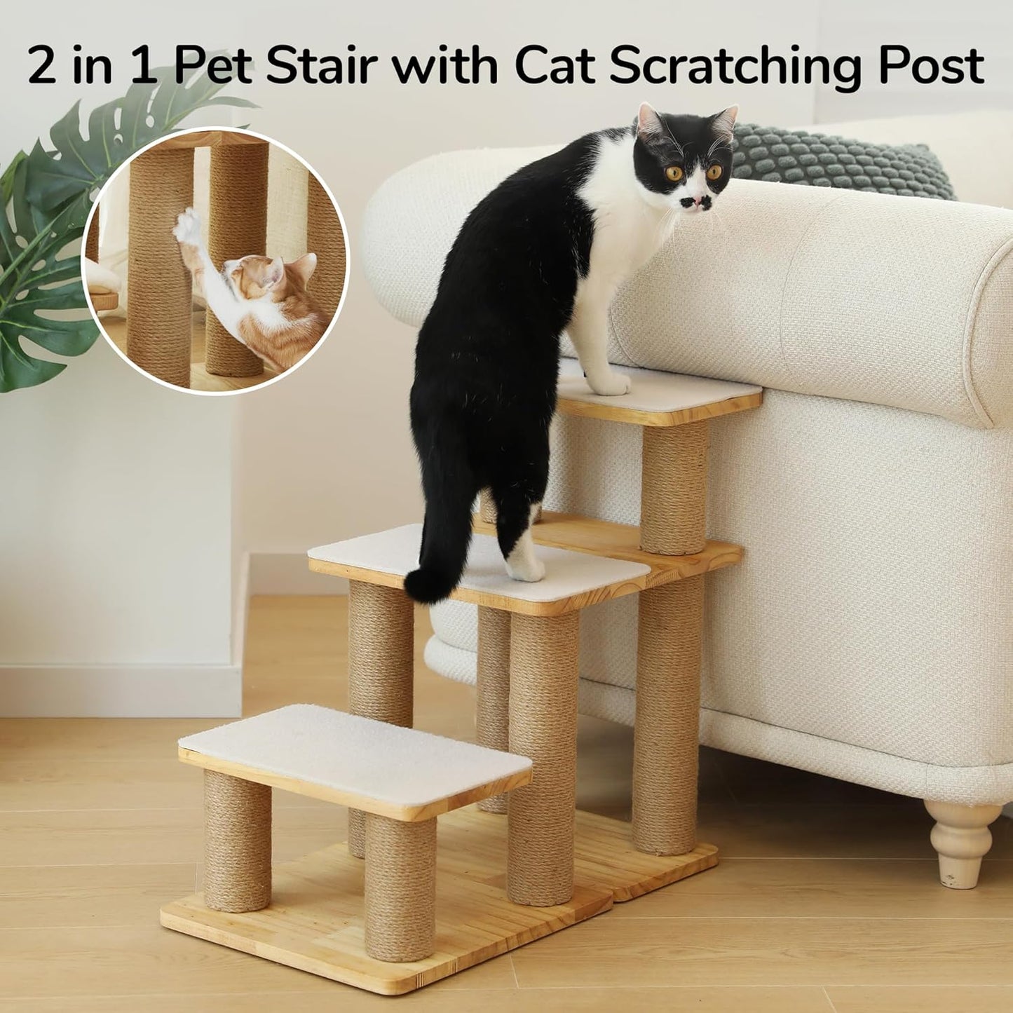 FUKUMARU Dog Stairs, Solid Wood Pet Stairs with Cat Scratching Post, Transformable Cat Ramp Can Hold Up to 200 lbs, 20 Inch Pet Steps for Dogs and Cats to Climb High Bed and Couch, Over 6 Combinations