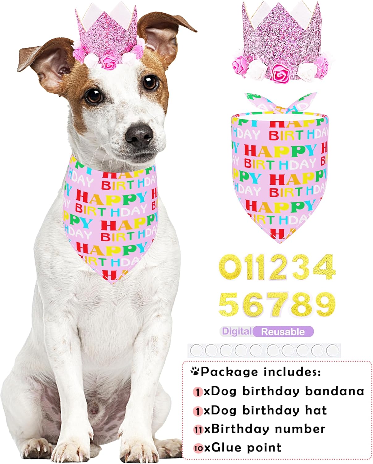PET SHOW Pink Crown Hat Dog Birthday Party Supplies for Girls Female Pets Small Medium Large Dogs Cats Birthday Hat and Plaid Bandana with 0-9 Numbers and Glue