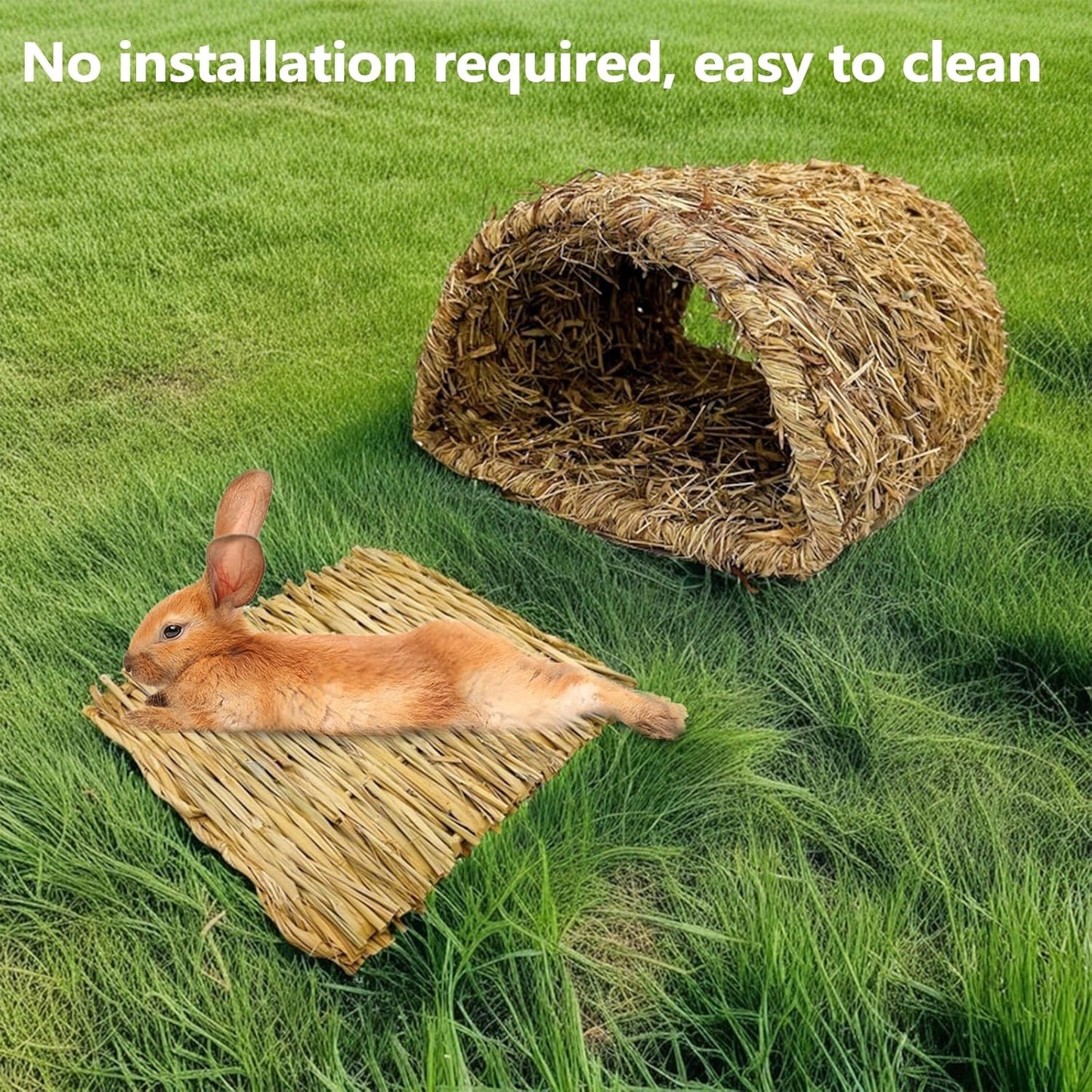 Hamiledyi Bunny Grass Tunnel,Rabbit Grass Bed,Natural Straw Woven Mat Winter Warm Hideaway Hut for Rabbit Gerbil Ferrets Guinea Pig Chinchilla (Small).