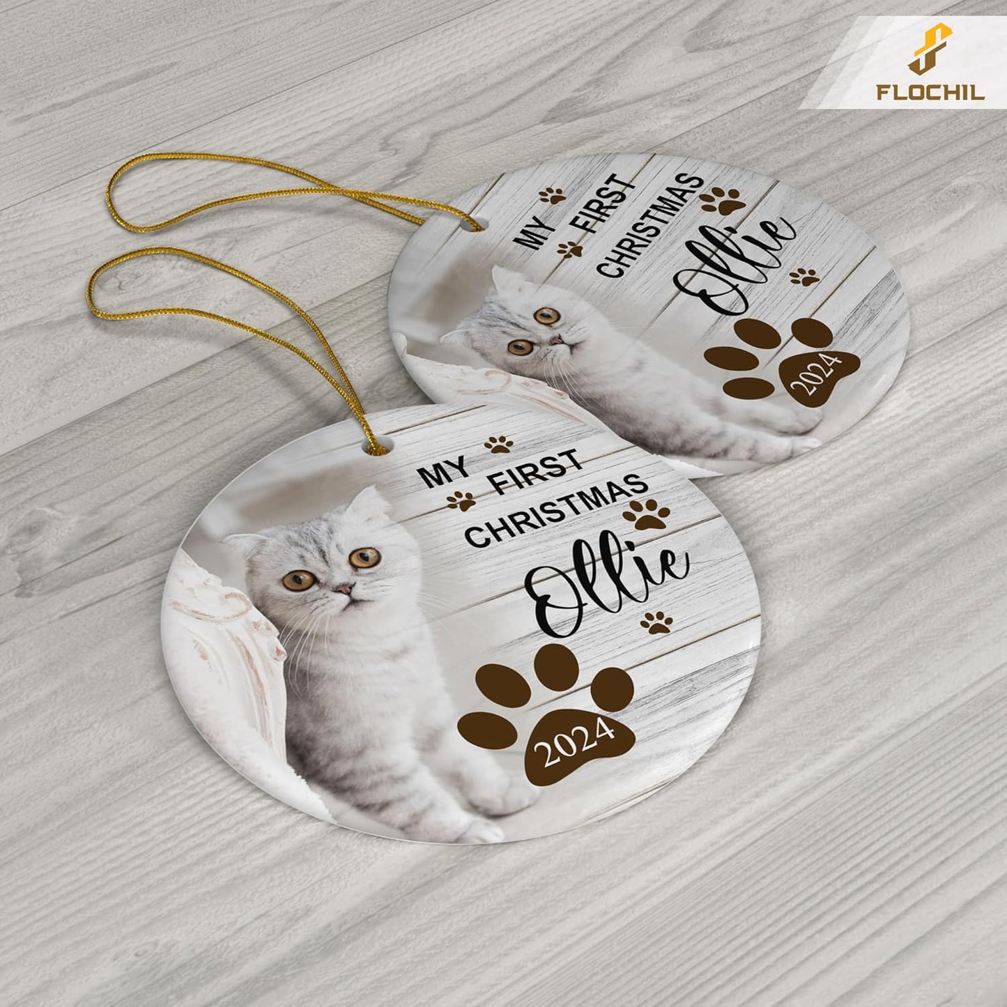 FLOCHIL Personalized Cat Christmas Ornaments Custom Photo Name for Christmas Trees, Cat First Christmas Ornaments, Gifts for Pet Lovers