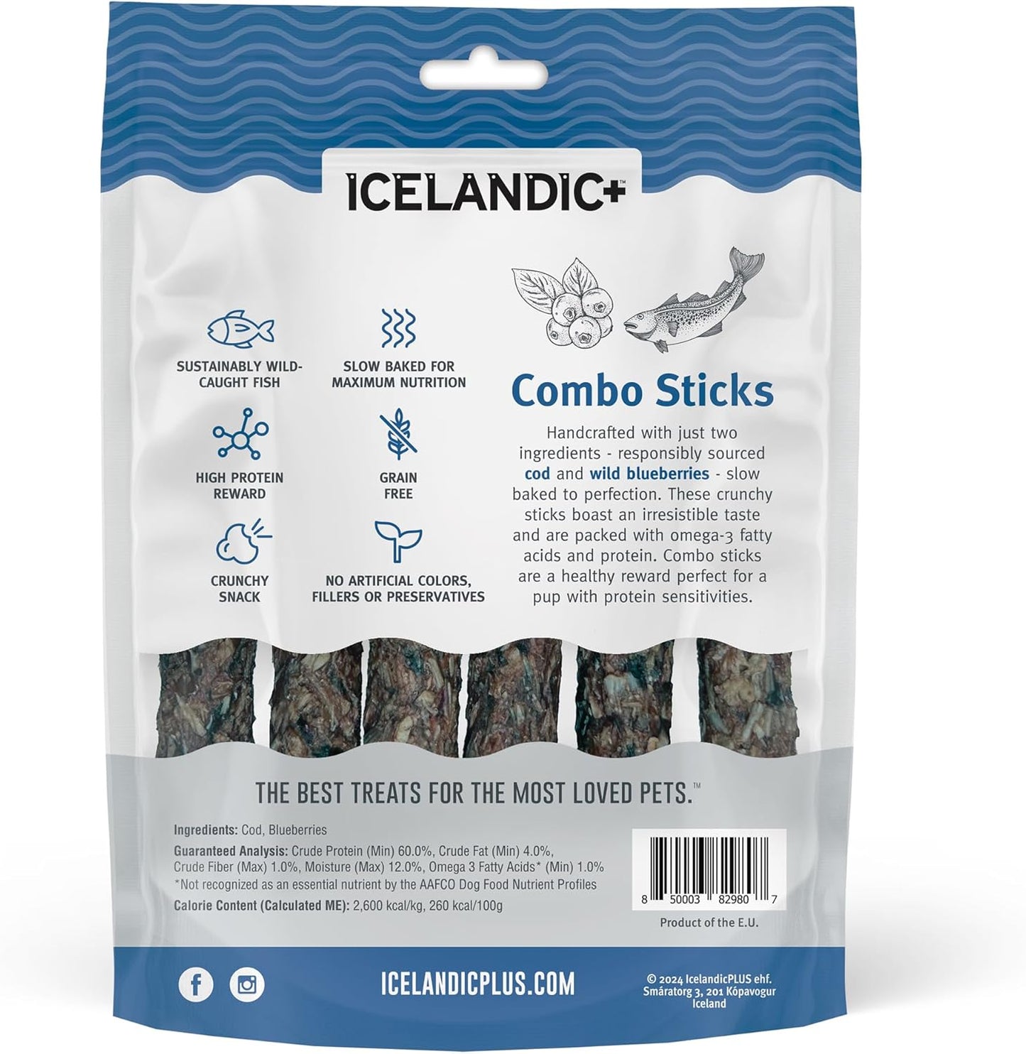 Icelandic+ Combo Sticks: Cod & Blueberry - 2oz - Dog Treats, Crunchy 2 Ingredient Pet Snacks, Preservative Free, Wild Caught Fish, Slow Baked, Natural (Pack of 2)