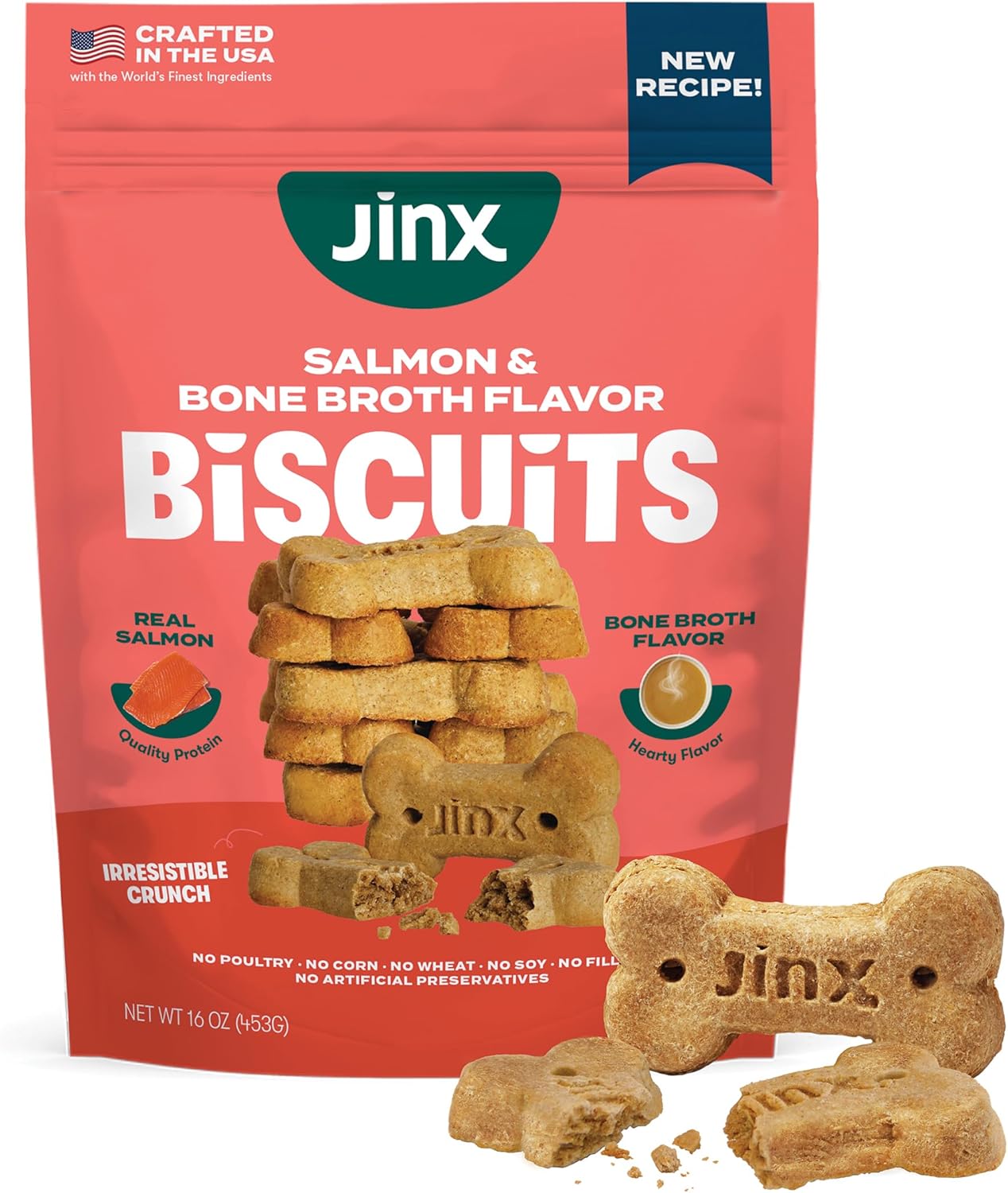 Jinx Oven-Baked Salmon Bone Broth Biscuit Dog Treats - Crunchy, All Natural, Superfood-Rich with High-Protein Salmon, Dog Biscuits for Puppies, Adults & Seniors - 16oz