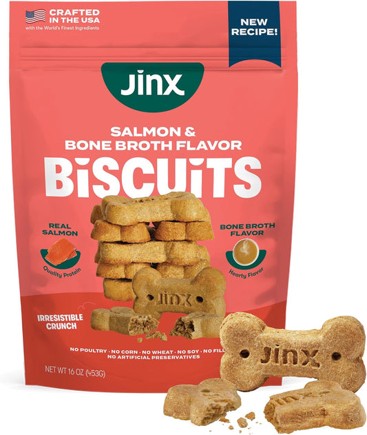Jinx Oven-Baked Salmon Bone Broth Biscuit Dog Treats - Crunchy, All Natural, Superfood-Rich with High-Protein Salmon, Dog Biscuits for Puppies, Adults & Seniors - 16oz