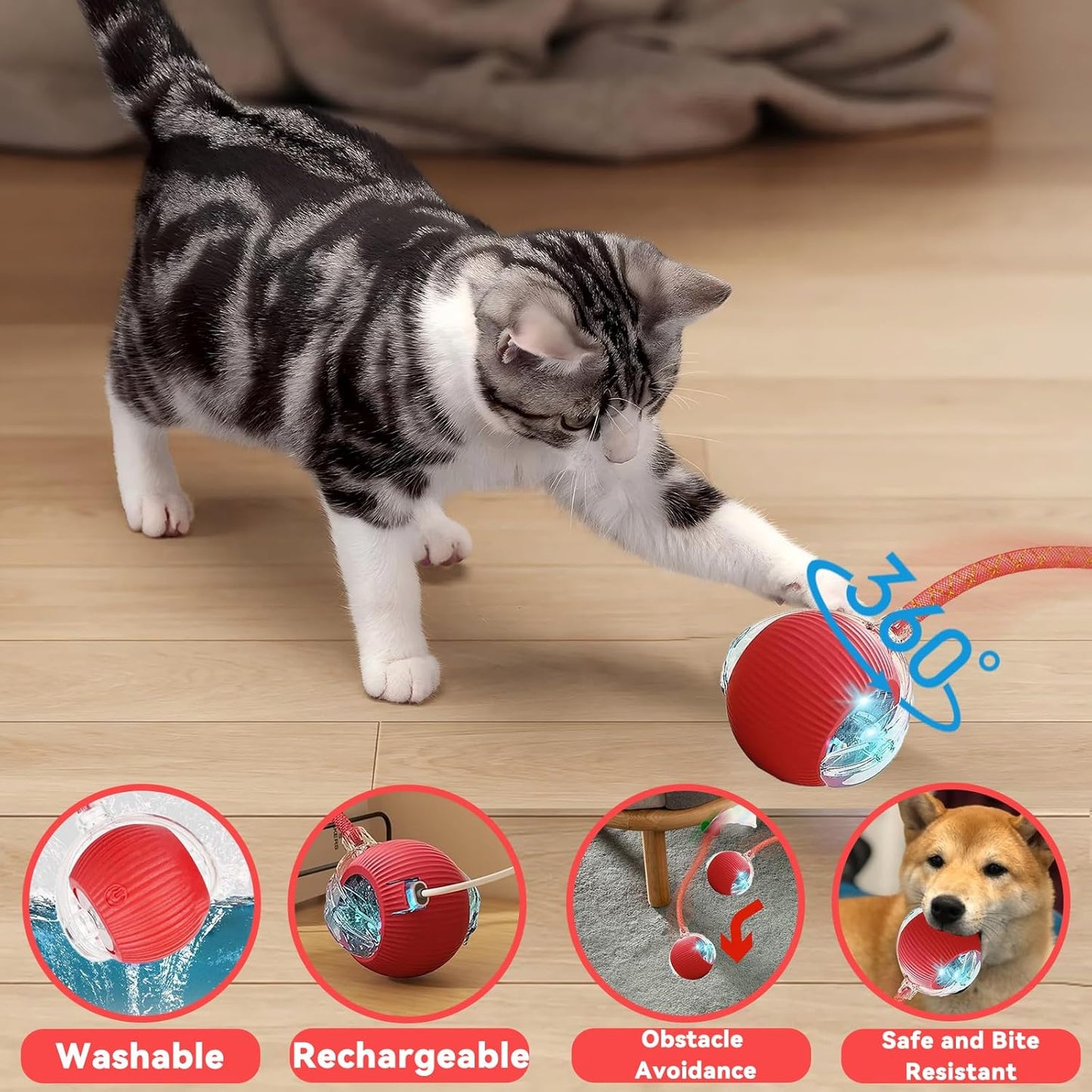 Interactive Cat Toys for Indoor Cats, Automatic Cat Toy with Elastic Mesh Tail, Electric Rolling Ball on Carpet, Chirping and Motion Activate Cat (Gray)