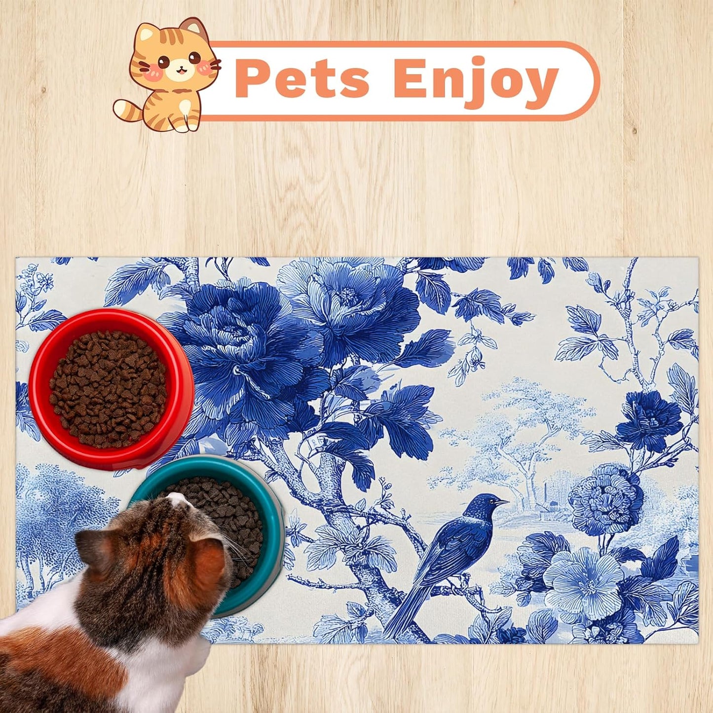 Pet Dog Cat Food Mat, Blue Floral Pet Feeding Pad, 12 * 20 Inch Absorbent Dog Food Mat, Cat Dish Mat for Food and Water, Suitable for Dog Cat or Other Pets