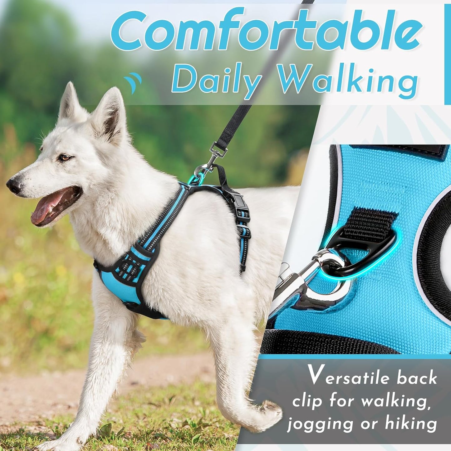 Eagloo Dog Harness Medium Sized Dog, No Pull Service Vest with Reflective Strips and Control Handle, Adjustable and Comfortable for Easy Walking, No Choke Pet Harness with 2 Metal Rings, Sky Blue, M