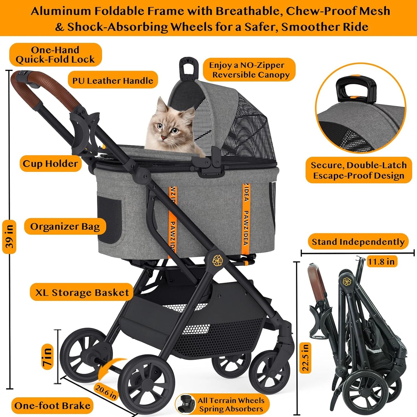 PAWZIDEA Pet Stroller 4 in 1, Dog Strollers with Detachable Carrier No-Zip Canopy, Portable Pet Crate for Car Seat Travel, Foldable & Lightweight Jogger for Small/Medium Dogs and Cats, Storage Basket