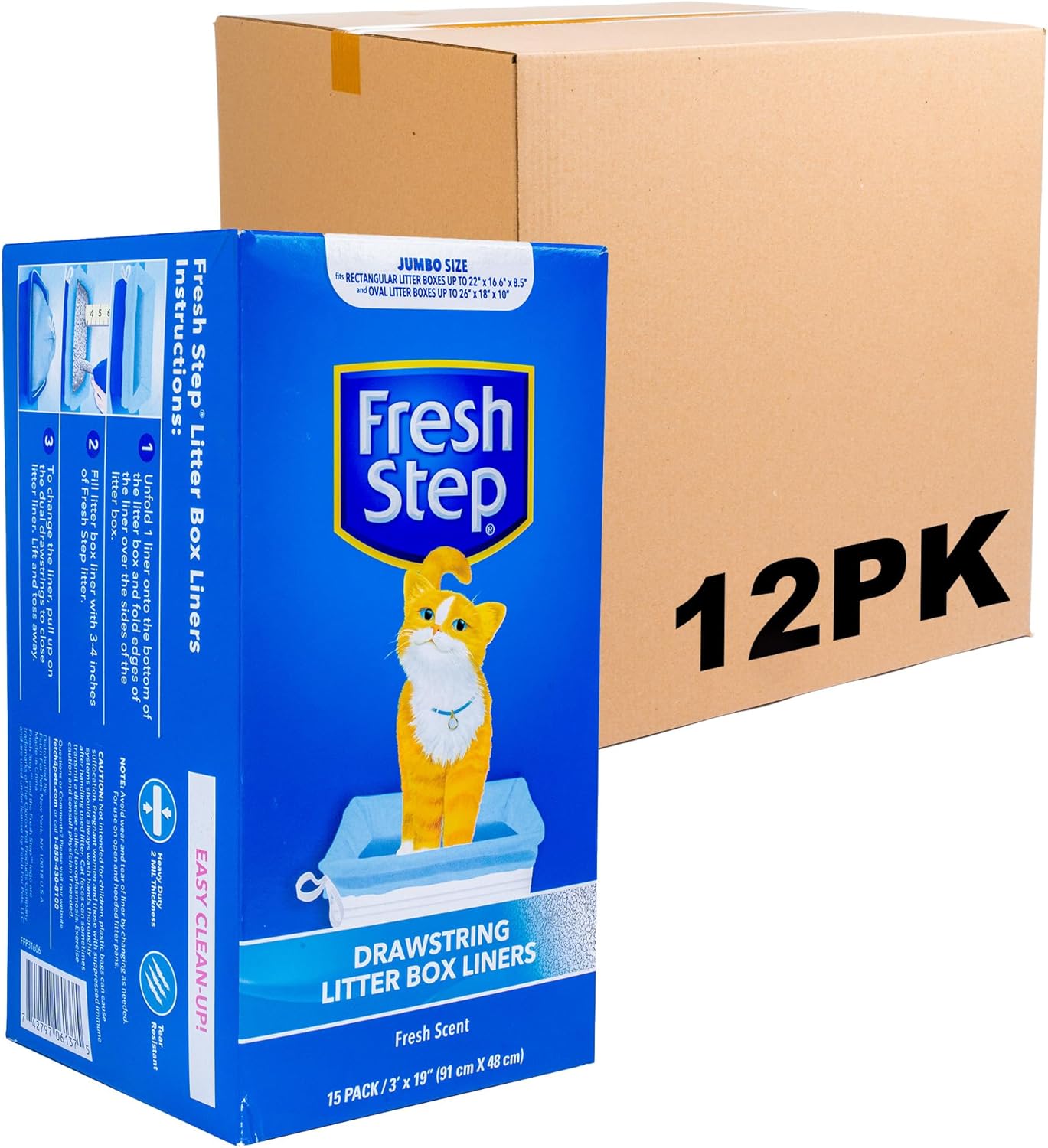 Fresh Step Drawstring Cat Litter Box Liners, Fresh Scent - Kitty Litter Bags for Rectangle or Oval Large Litterboxes, Size Jumbo, 36" x 19" - 15 Count - 12 Count