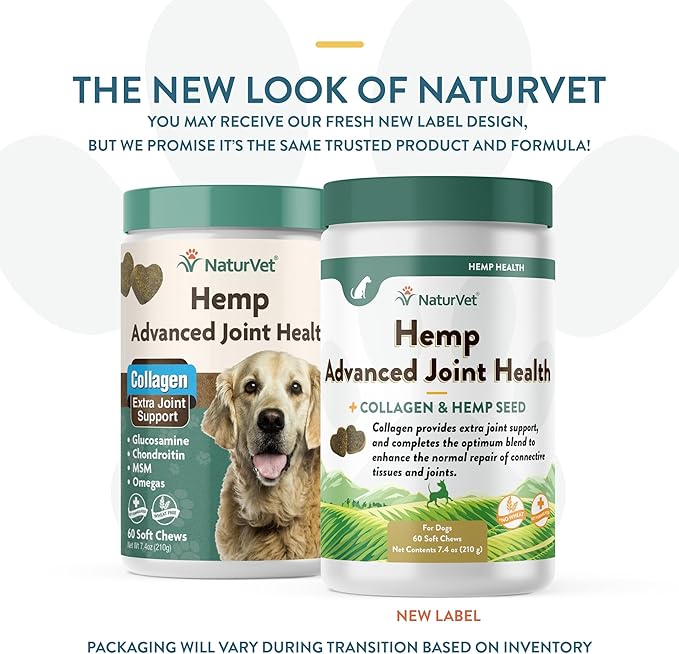 NaturVet Hemp Advanced Joint Health Dog Supplement Plus Hemp Seed – Helps Support Joint Health in Dogs – Includes, Collagen, Glucosamine, MSM, Chondroitin, Omegas – 60 Ct.