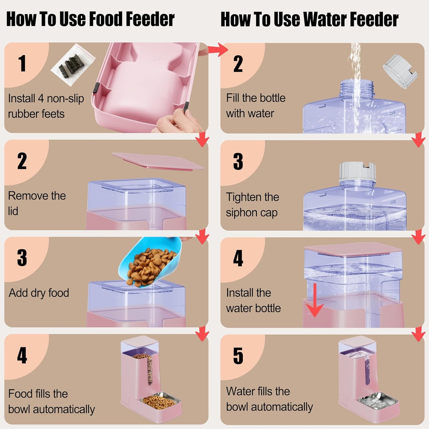 Automatic Cat Feeder and Cat Water Dispenser Set with Stainless Steel Bowls Gravity Dog Feeder for Small Medium Big Dog Pets Puppy Kitten, 3.8L x 2 (Pink)