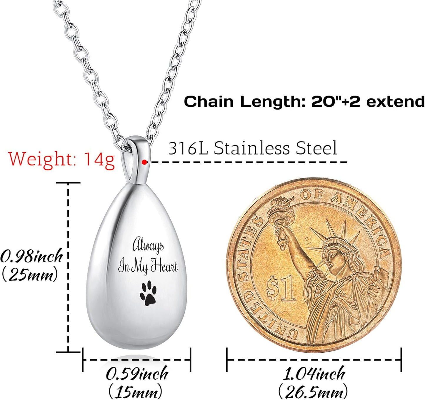 MMXX Personalized Pet Portrait Teardrop Urn Necklace with Name/Photo Stainless Steel Pendant - Cremation Jewelry for Pet Memorial Gifts - Funnel Kit Included
