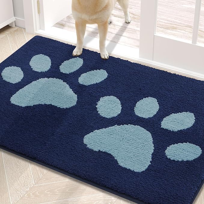 Buganda Dog Door Mat for Muddy Paws, Absorbent Dirt Trapper Washable Indoor Doormats, Non Slip Low-Profile Mud Mat for Dogs, Front Entrance Doormat for Inside Floor (30x20 Inches, Dark Blue)
