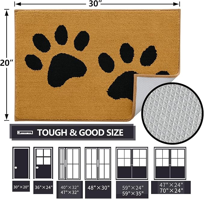Buganda Dog Door Mat for Muddy Paws, Absorbent Dirt Trapper Washable Indoor Doormats, Non Slip Low-Profile Mud Mat for Dogs, Front Entrance Doormat for Inside Floor (30x20 Inches, Yellow and Black)