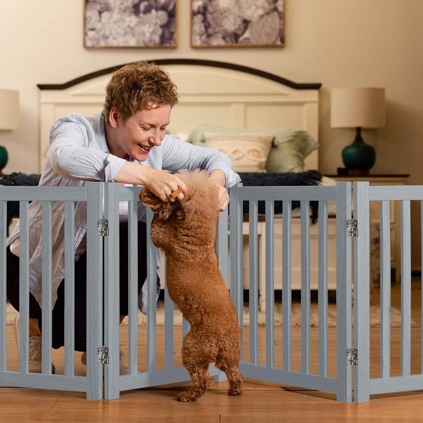 LZRS 4-Panel Wooden Free Standing Foldable Dog Gate Indoor – 24" High, Extra Wide Step-Over Safety Pet Gate for Doorways, Stairs, Hallways, Large Spaces & Playpen for Puppies Indoor Use, Grey