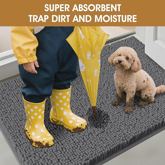 Extra Large Dog Door Mats for Muddy Paws, Chenille Absorbent Dog Mats, Non Slip Heavy Mud Mat for Dogs, Soft Pet Mat for Entryway, Mud Paws, Inside Floor,71" x 25", Grey