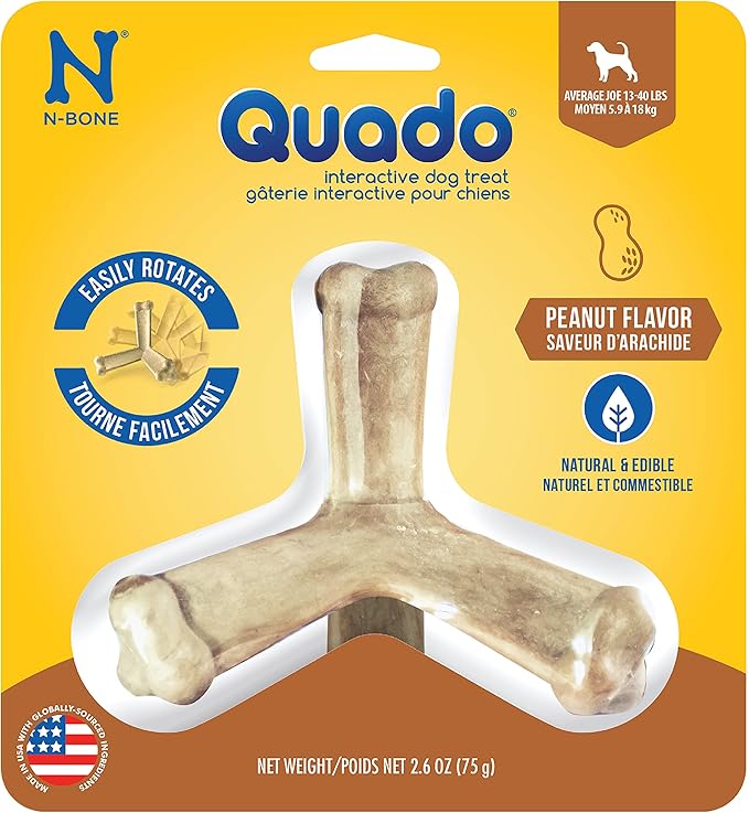 N-Bone Quado Interactive Chew, Peanut Flavor, Average Joe, 2.8oz, Natural, Medium (Pack of 1)