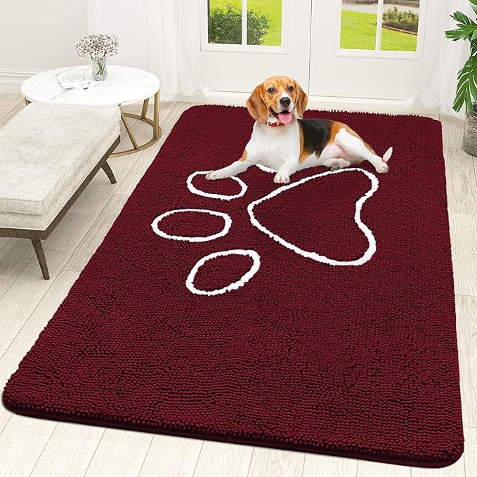 OLANLY Door Mat for Muddy Dog Paws 59x35, Ultra Absorbent Chenille Mud Doormat with Paw Print Design, Non-Slip Washable Doormat for Indoor Entryway, Quick-Dry Pet Bed Mats for Dirty Dogs, Burgundy