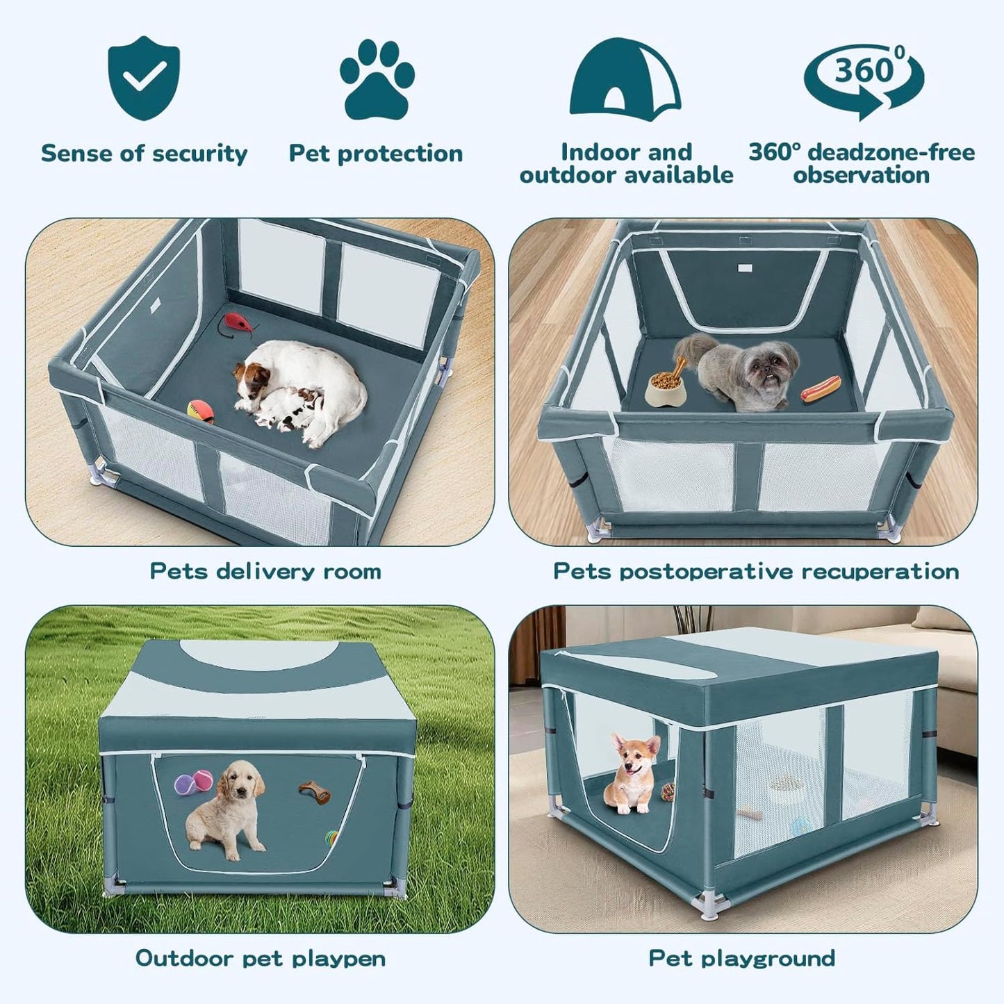 Dog Kitten Playpen with Cover, 42x42 x25.5 Puppy Playpen for Small Pet with See-Through Topper Proof, Green