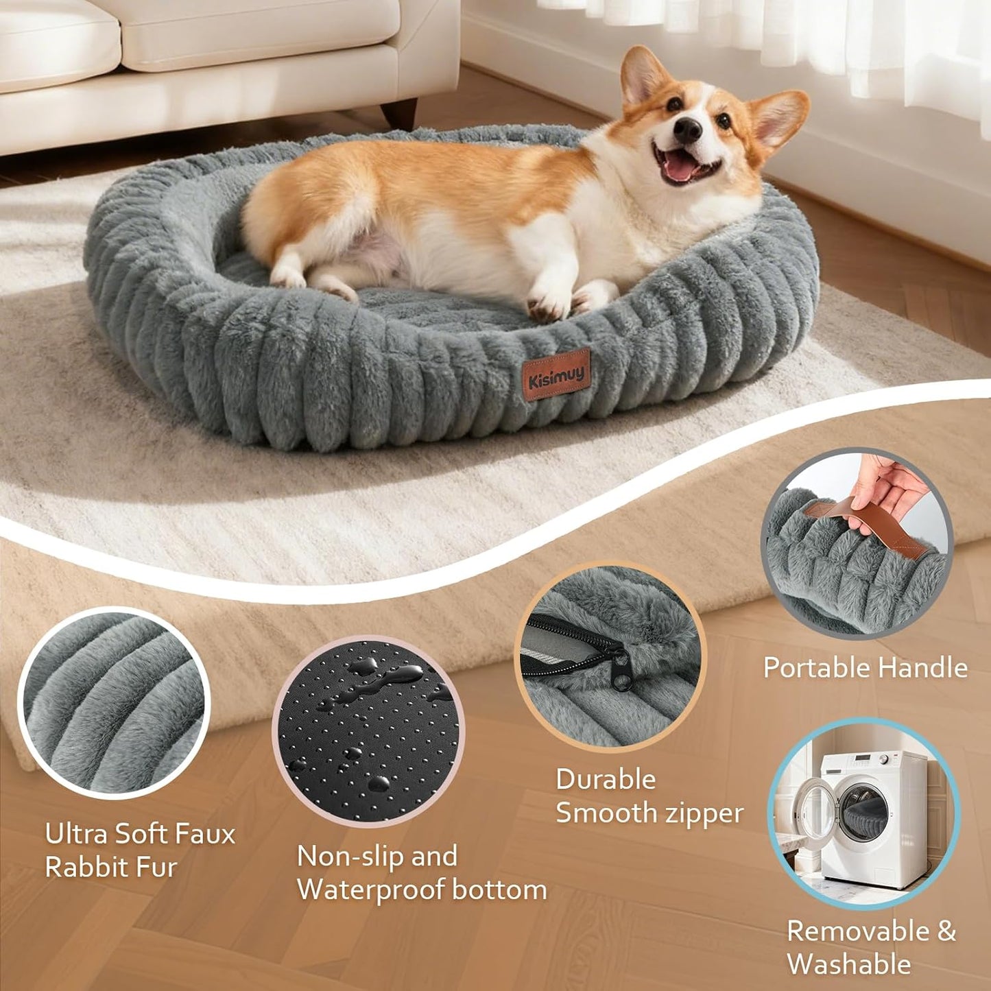 Cute Dog Bed for Large Size Dogs, Orthopedic Durable Calming Dog Bed with Bolster Sides, Washable Furry Sleeping Pet Bed with Handle and Removable Zipper Cover, 35in, Grey