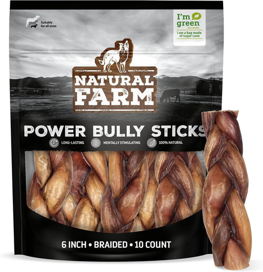 Natural Farm Braided Power Bully Sticks Dog Chews (6”, 10-Pack), 2-in-1 Power Chews: Premium Beef Cheek Wrapped in Beef Pizzle, Braided Together for a Very Long Lasting Chew, Great for Medium Dogs