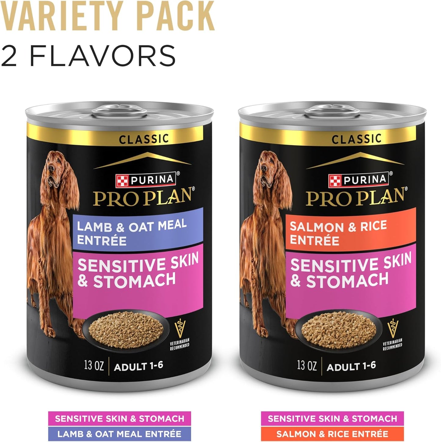 Purina Pro Plan Sensitive Skin and Stomach Wet Dog Food, Salmon and Rice and Lamb and Oat Meal Variety Pack - (Pack of 12) 13 oz. Cans