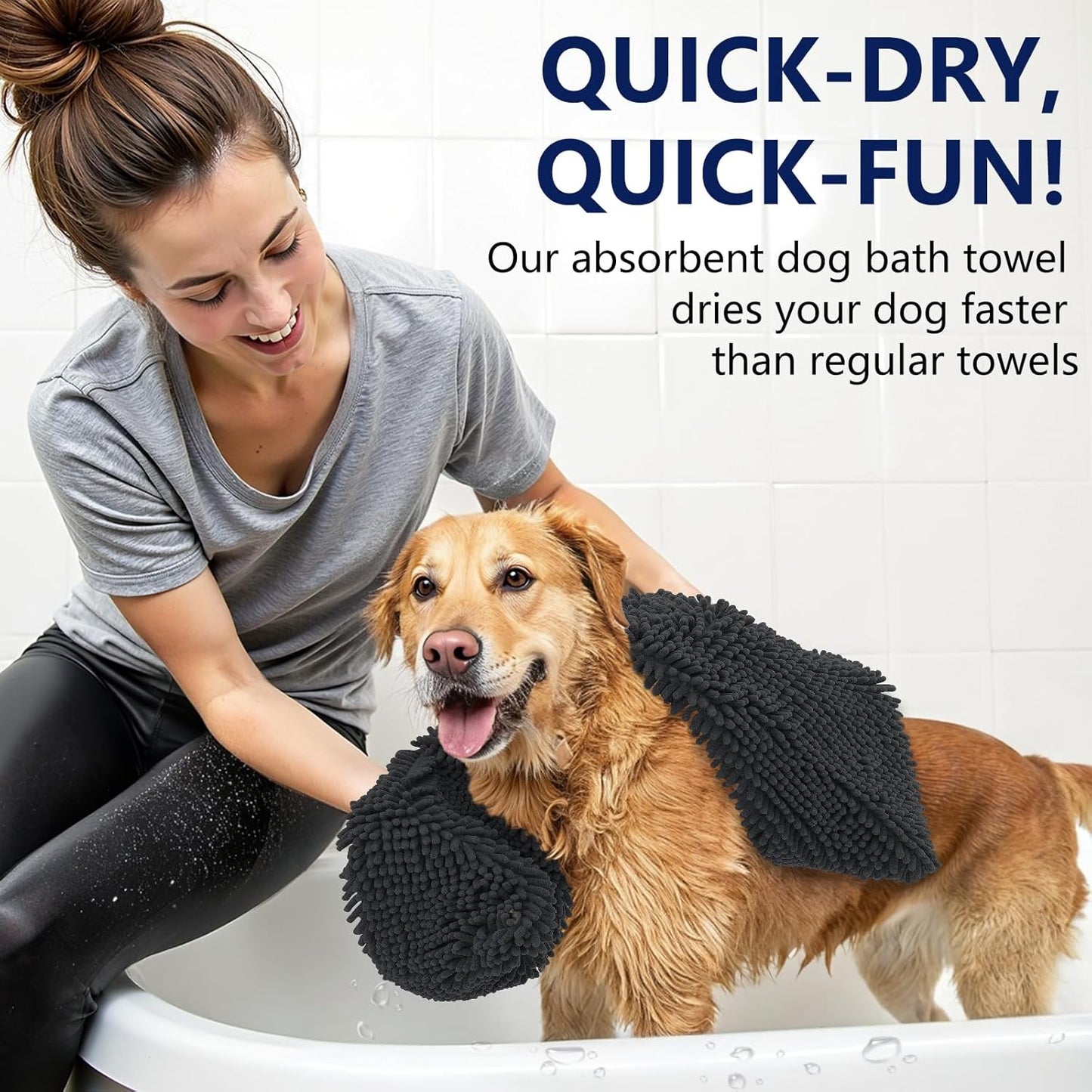 OLANLY Chenille Dog Bath Towel 31x13, Ultra Absorbent Quick Dry Pet Towel, Extra Soft Washable Plush Towel for Large Dogs & Puppies, Indoor Outdoor Use, Dark Grey