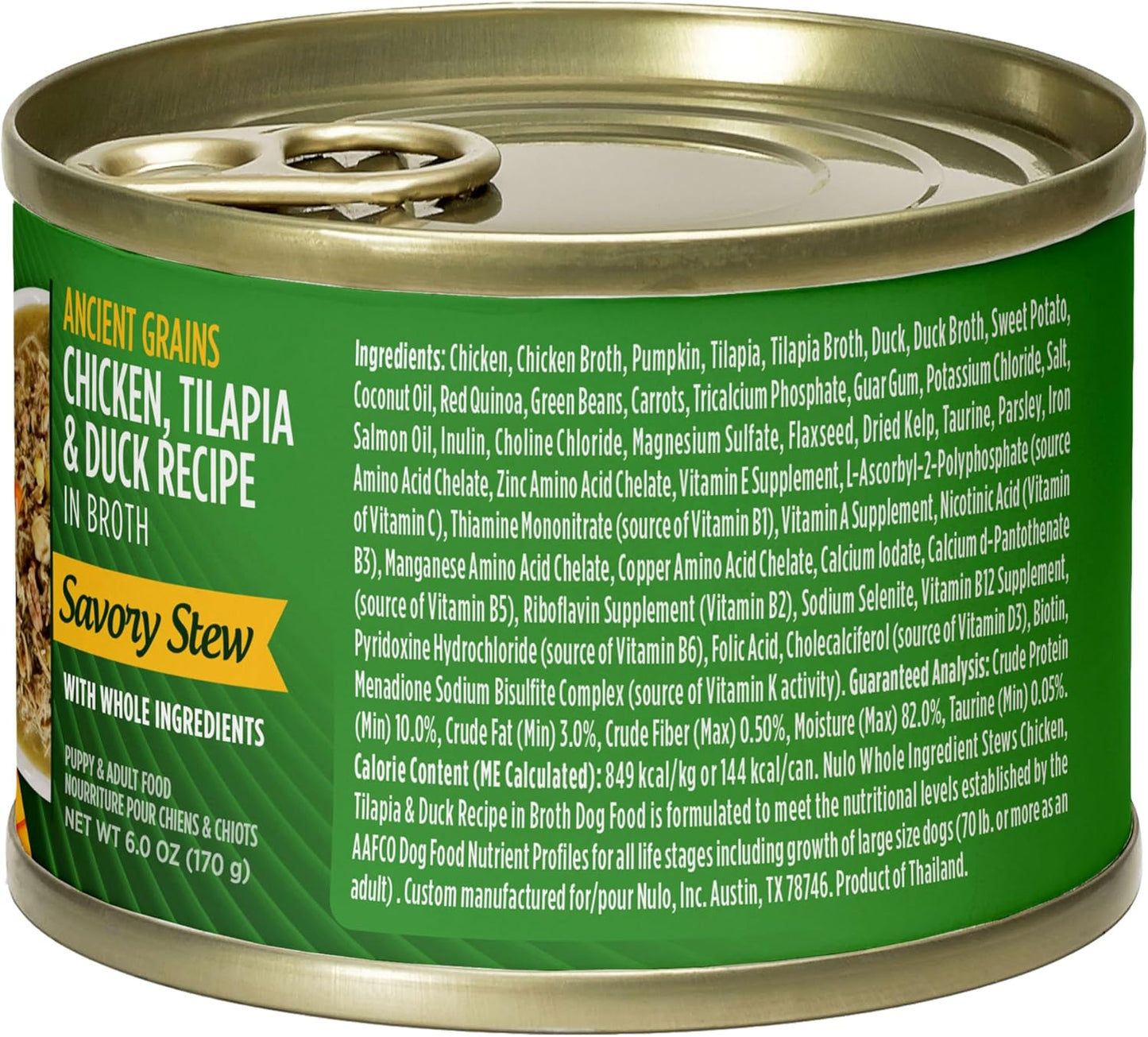 Nulo Ancient Grains Savory Stew with Whole Ingredients Puppy & Dog Food, Chicken, Tilapia, and Duck in Broth, 6.0 Ounce, 8 Cans