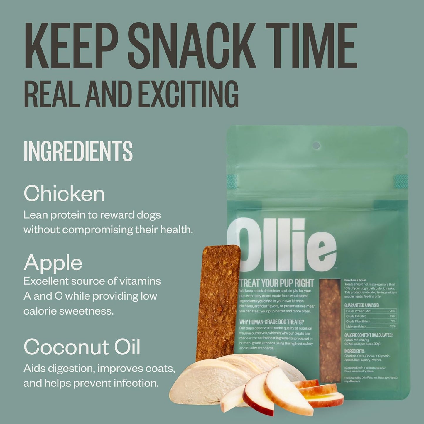 Ollie Chicken and Apple Jerky Dog Treats, 5 oz Pack of 3, All Natural, Healthy Snacks, Made with Real Meat, Human Grade, for Dogs