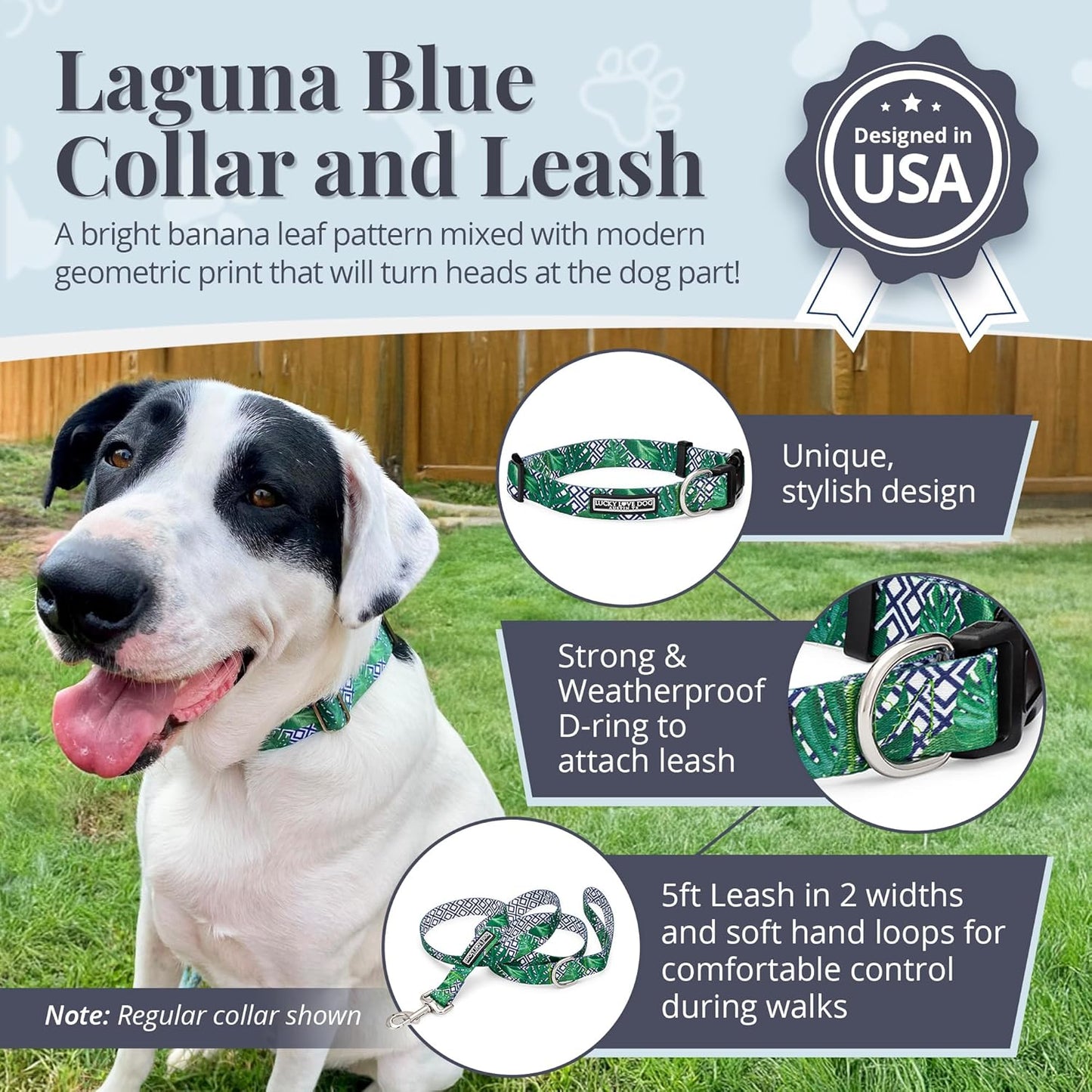 Lucky Love Dog Collar and Leash Set, Beautiful & Vivid Patterns, Easy On & Off Clasp Accessory (Blue Laguna, XS Combo)