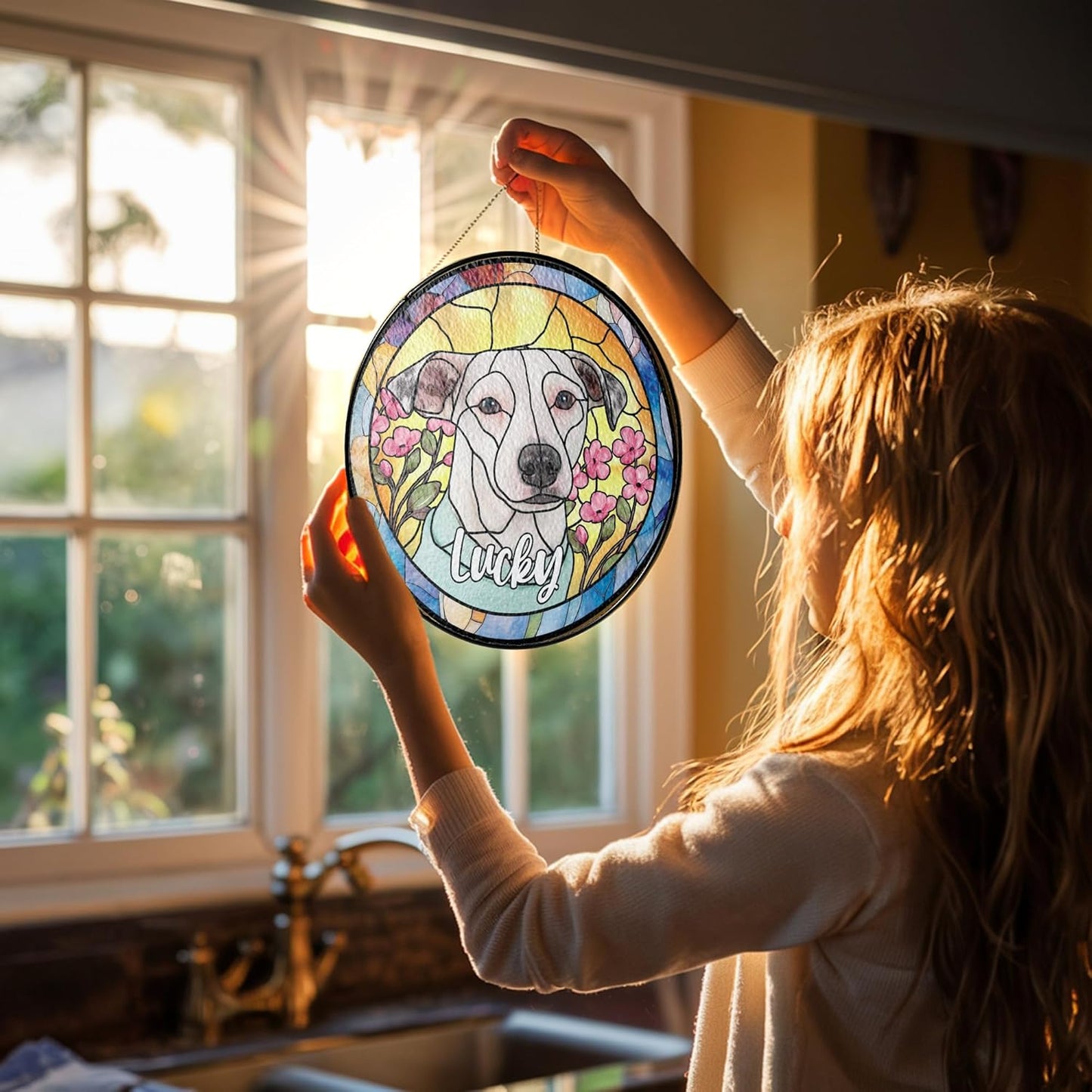 Lovely POD Personalized Pet Ornament Remembrance, Pet Stained Glass Suncatcher, Gifts for Fur Lovers, Custom Name Dog Photo Memorial Ornament Window Hanging, Home Decor, Gift for Loss of Pet Dog Cat