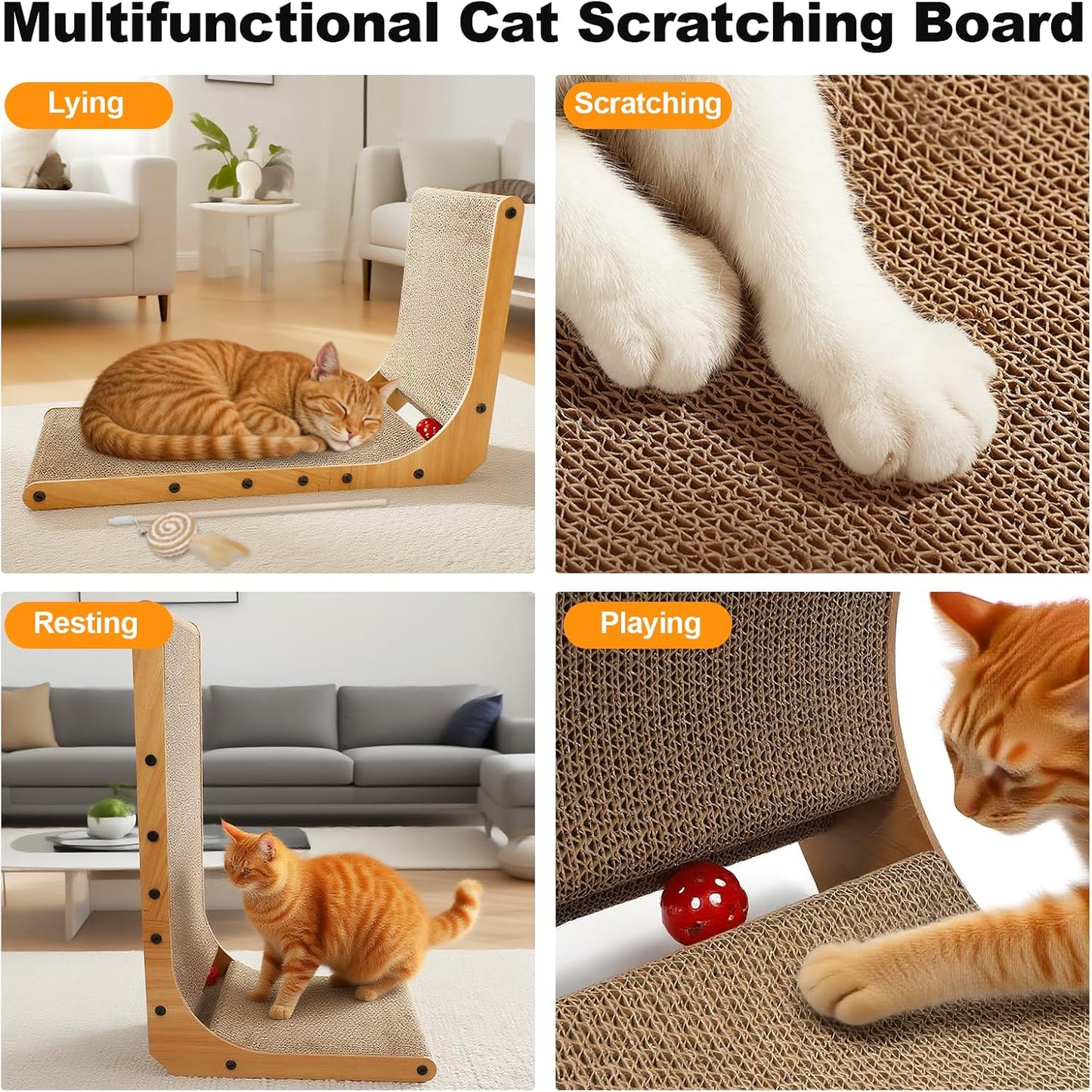 L-Shaped Cat Scratcher 2-in1 Scratching Board for Indoor Cats Protecting Furniture Cardboard Box Scratch Pad with Ball Toy Cats Scratching Posts with Cat Teaser