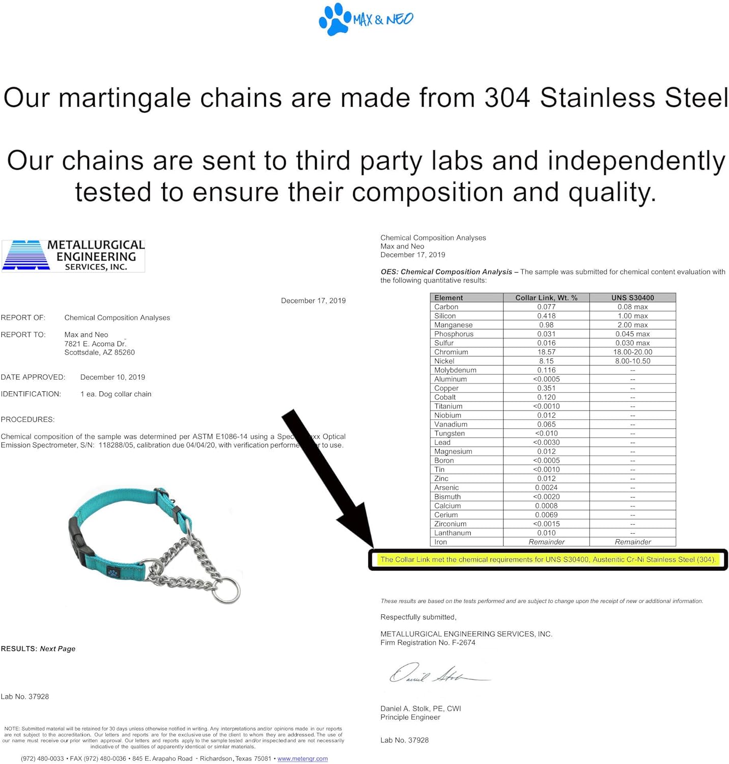 Max and Neo Stainless Steel Chain Martingale Collar - We Donate to a Dog Rescue for Every Collar Sold (Large, Purple)