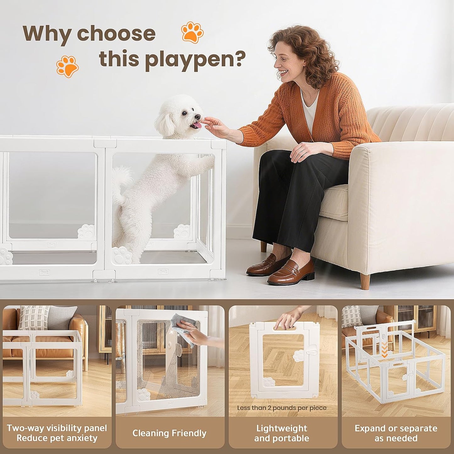 Expandable 8PCS Dog Playpen for Indoors, Modular Puppy Play Pen with Lockable Door, Chew-Proof Transparent Panels & Waterproof Base. Perfect for Small Animals, Puppy Training or Multi-Pet Homes