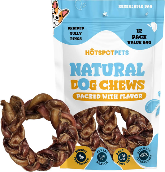 hotspot pets Braided Bully Stick Rings for Dogs - Premium All Natural Long Twisted Beef Pizzle Dog Chew Treats - Grain Free Fully Digestible Rawhide Alternative Bones
