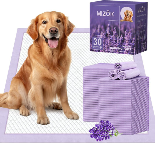 MIZOK Dog Pee Pads 36x36in, Extra Large Pee Pads for Dogs, Keeps Fresh & Clean, Ultra Absorbent Up to 11 Cups, 6 Layers Leak-Proof, Purple Lavender Color (30 Counts)
