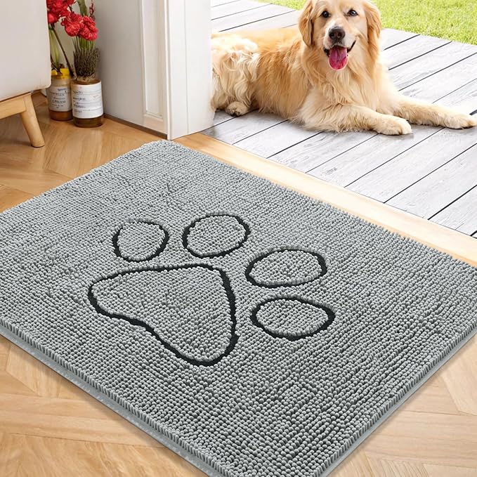 OLANLY Door Mat for Muddy Dog Paws 40x32, Ultra Absorbent Chenille Mud Doormat with Paw Print Design, Non-Slip Washable Doormat for Indoor Entryway, Quick-Dry Pet Bed Mats for Dirty Dogs, Grey