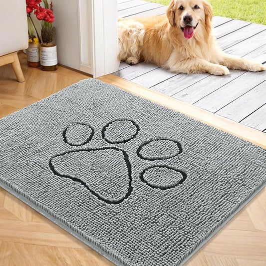 OLANLY Door Mat for Muddy Dog Paws 40x32, Ultra Absorbent Chenille Mud Doormat with Paw Print Design, Non-Slip Washable Doormat for Indoor Entryway, Quick-Dry Pet Bed Mats for Dirty Dogs, Grey