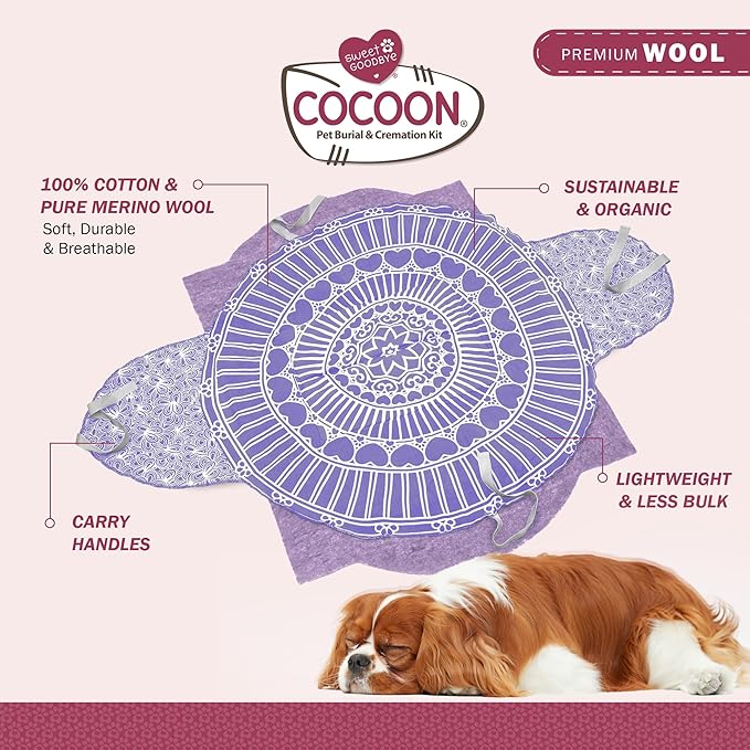 Cocoon® - Eco-Friendly Pet Burial & Cremation Ceremony Kit (Premium Wool) - Casket for Dogs and Cats (Choose Size & Color) (Small, Lavender)