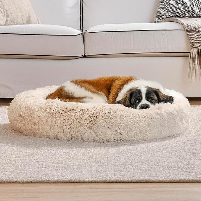 Best Friends by Sheri Bundle Set The Original Calming Shag Donut Cuddler Cat and Dog Bed + Pet Throw Blanket, Taupe, Extra Large, 45x45