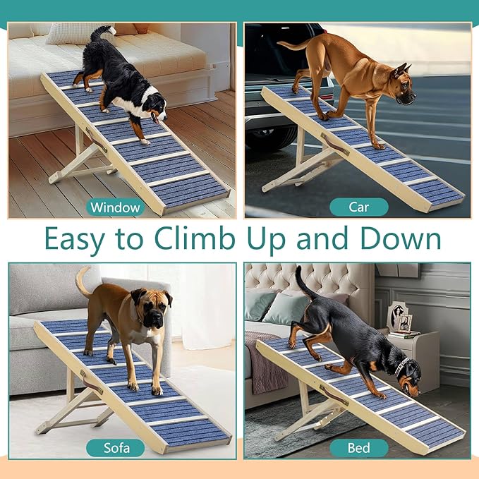 Dog Ramp for Bed, Upgraded 46.8" Long Portable Dog Ramp for Couch, Wood Folding Pet Ramp for All Breeds Large Old Dogs to Get on Bed, 5 Adjustable Heights 14.8" to 26.2" (Wood, Up to 150lbs)